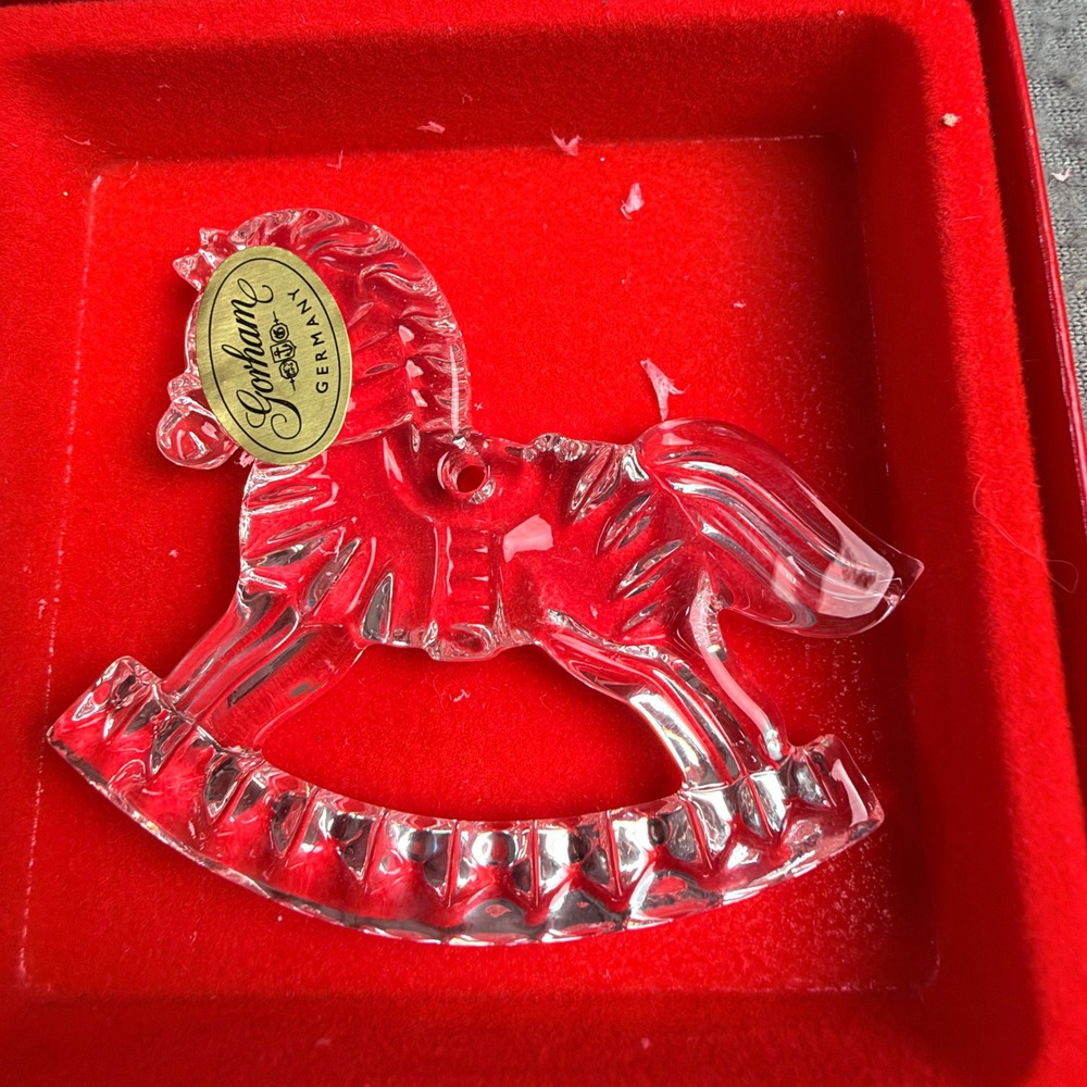 Gorham Germany Crystal Rocking Horse Ornament Vintage Clear Glass Figurine Boxed